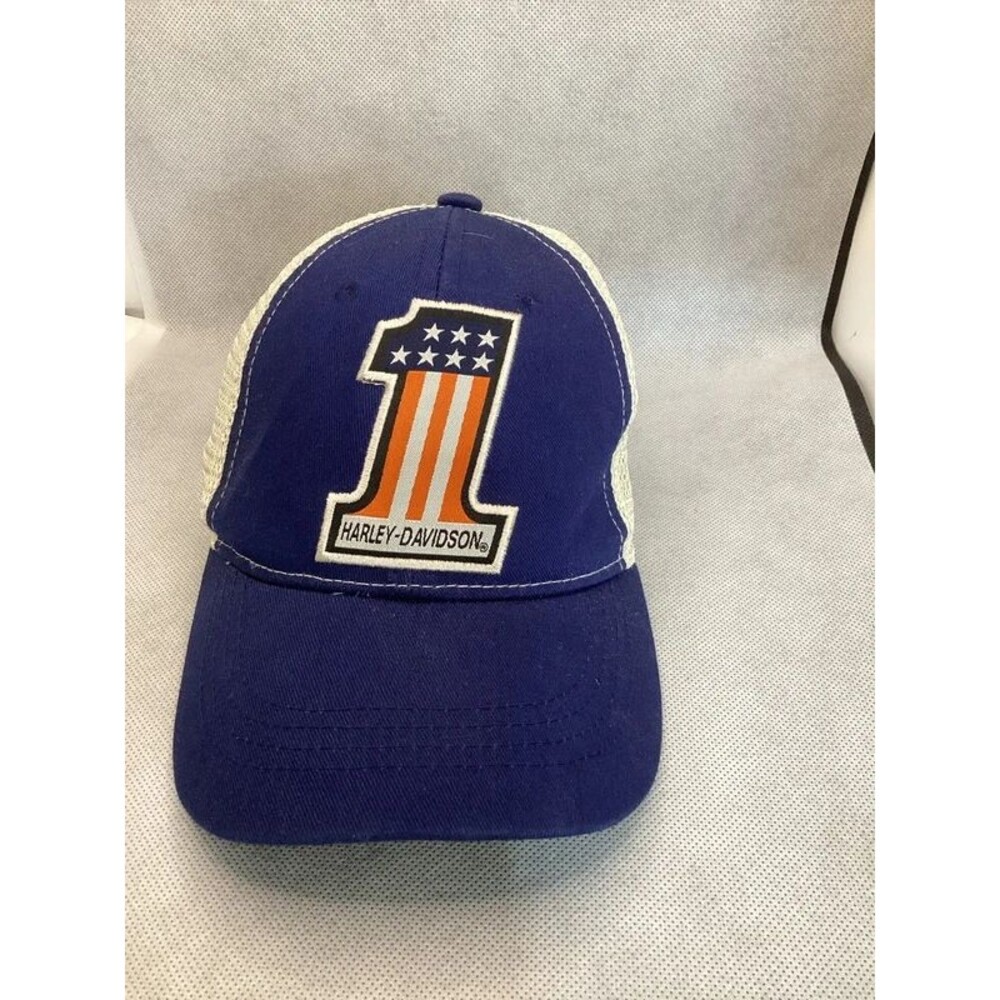 Harley-Davidson Youth Trucker Hat #1 Patriotic USA Flag Blue Mesh Snapback Kids